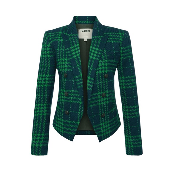 L'AGENCE Brooke Double Breasted Cropped Blazer in Jewel Green Multi Plaid Sz 4 - Picture 1 of 8
